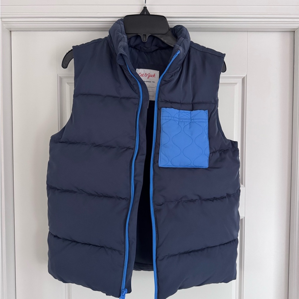 Cat & Jack Navy Puffer Vest with Bright Blue Trim and Patch Pocket - YL